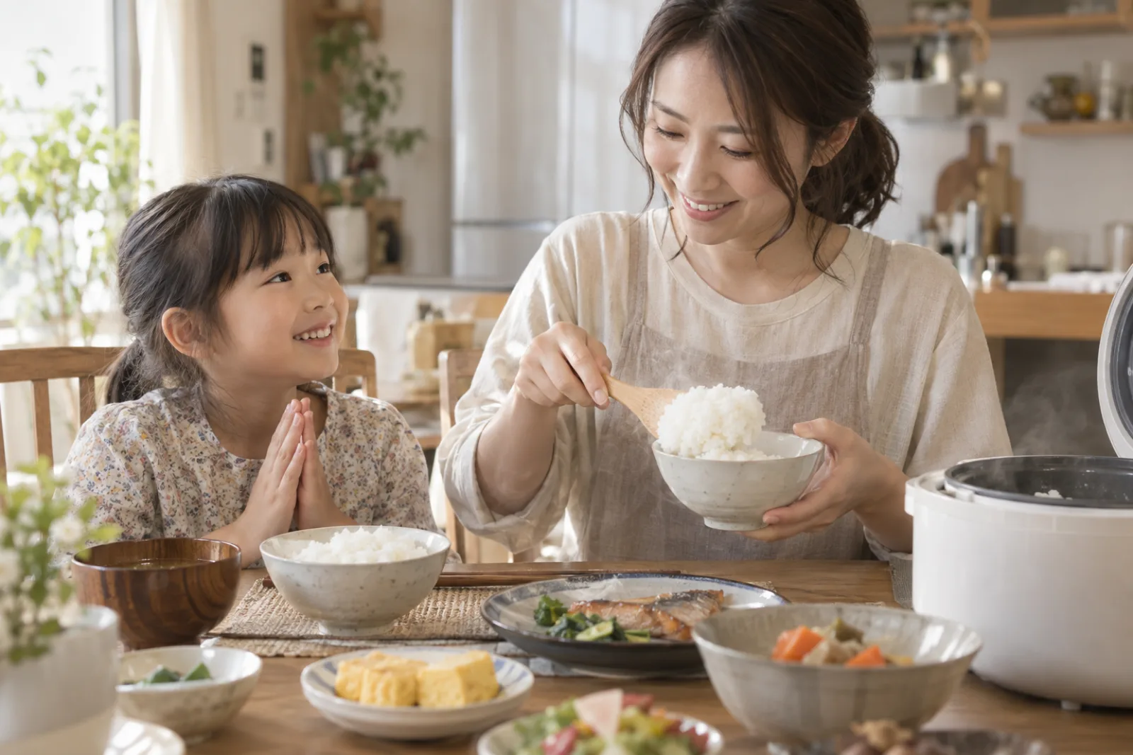 炊きたてのごはんを囲む親子